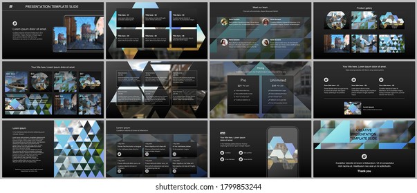 Plantillas vectoriales para diseño de sitios web, presentaciones, portafolio. Plantillas con triángulos, patrón triangular para diapositivas de presentación, volante, folleto, portada de folletos. Antecedentes con lugar para la foto.