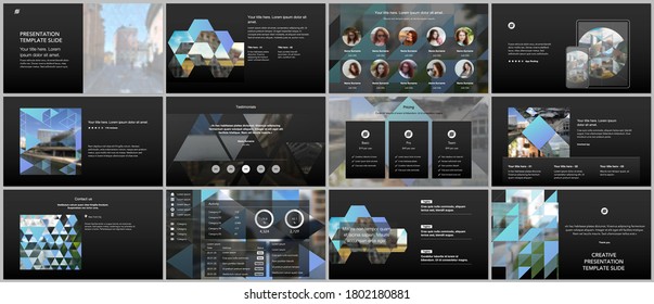 Vector templates for website design, presentations, portfolio. Templates with triangles, triangular pattern for presentation slides, flyer, leaflet, brochure cover. Backgrounds with place for photo.