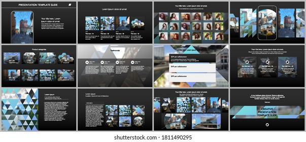 Vector templates for website design, presentations, portfolio. Templates with triangles, triangular pattern for presentation slides, flyer, leaflet, brochure cover. Backgrounds with place for photo.