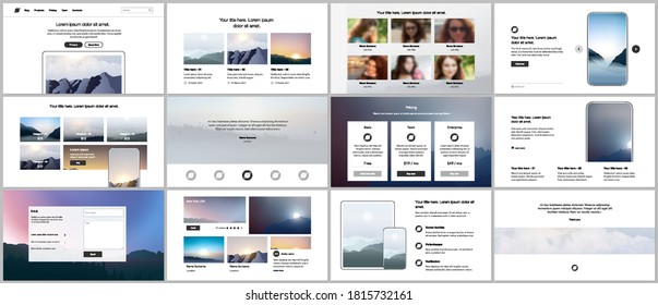 Vector templates for website design, presentations, portfolio, presentation slides, brochure cover, report. Fog, sunrise in morning and sunset in evening. Nature landscape backgrounds with mountains.