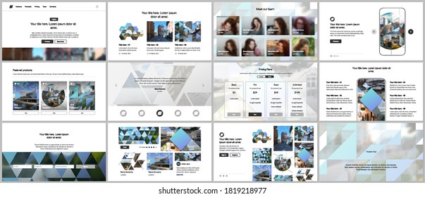 Vector templates for website design, presentations, portfolio. Templates with triangles, triangular pattern for presentation slides, flyer, leaflet, brochure cover. Backgrounds with place for photo.