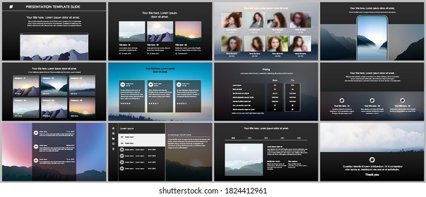 Vector templates for website design, presentations, portfolio, presentation slides, brochure cover, report. Fog, sunrise in morning and sunset in evening. Nature landscape backgrounds with mountains.