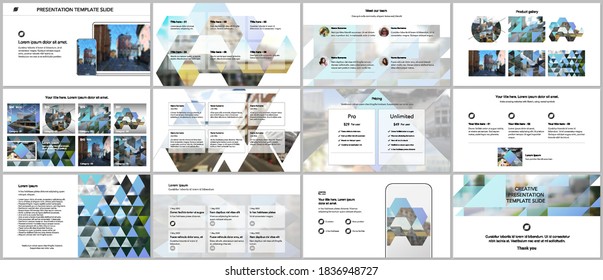 Vector templates for website design, presentations, portfolio. Templates with triangles, triangular pattern for presentation slides, flyer, leaflet, brochure cover. Backgrounds with place for photo.