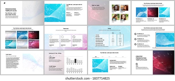 Vector templates for website design, presentations, portfolio. Templates for presentation slides, flyer, leaflet, brochure cover, report. Polygonal science background with connecting dots and lines.