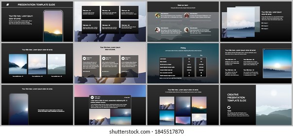 Vector templates for website design, presentations, portfolio, presentation slides, brochure cover, report. Fog, sunrise in morning and sunset in evening. Nature landscape backgrounds with mountains.