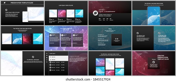 Vector templates for website design, presentations, portfolio. Templates for presentation slides, flyer, leaflet, brochure cover, report. Polygonal science background with connecting dots and lines.