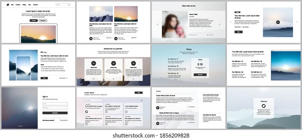 Vector templates for website design, presentations, portfolio, presentation slides, brochure cover, report. Fog, sunrise in morning and sunset in evening. Nature landscape backgrounds with mountains.