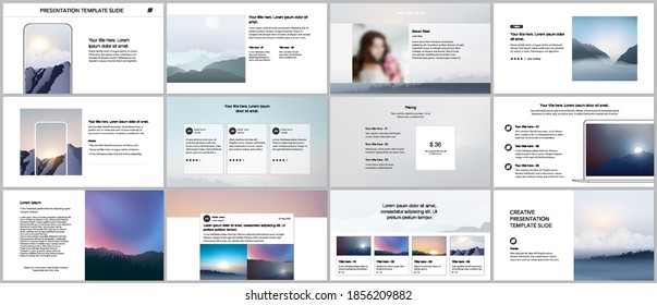 Vector templates for website design, presentations, portfolio, presentation slides, brochure cover, report. Fog, sunrise in morning and sunset in evening. Nature landscape backgrounds with mountains.
