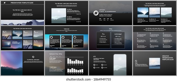 Vector templates for website design, presentations, portfolio, presentation slides, brochure cover, report. Fog, sunrise in morning and sunset in evening. Nature landscape backgrounds with mountains.