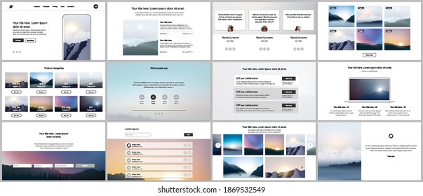 Vector templates for website design, presentations, portfolio, presentation slides, brochure cover, report. Fog, sunrise in morning and sunset in evening. Nature landscape backgrounds with mountains.