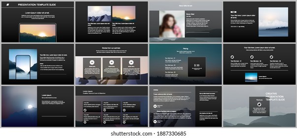 Vector templates for website design, presentations, portfolio, presentation slides, brochure cover, report. Fog, sunrise in morning and sunset in evening. Nature landscape backgrounds with mountains.