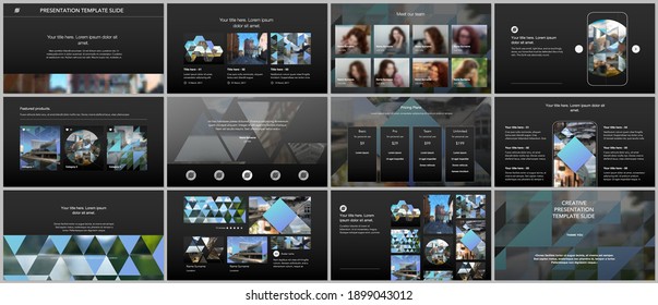 Vector templates for website design, presentations, portfolio. Templates with triangles, triangular pattern for presentation slides, flyer, leaflet, brochure cover. Backgrounds with place for photo.