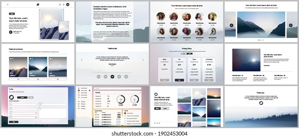 Vector templates for website design, presentations, portfolio, presentation slides, brochure cover, report. Fog, sunrise in morning and sunset in evening. Nature landscape backgrounds with mountains.