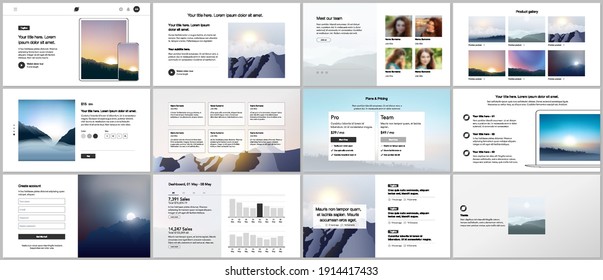 Vector templates for website design, presentations, portfolio, presentation slides, brochure cover, report. Fog, sunrise in morning and sunset in evening. Nature landscape backgrounds with mountains.