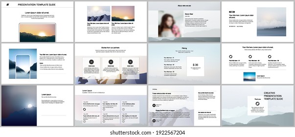 Vector templates for website design, presentations, portfolio, presentation slides, brochure cover, report. Fog, sunrise in morning and sunset in evening. Nature landscape backgrounds with mountains.