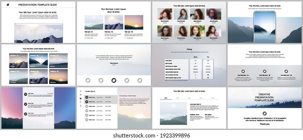 Vector templates for website design, presentations, portfolio, presentation slides, brochure cover, report. Fog, sunrise in morning and sunset in evening. Nature landscape backgrounds with mountains.