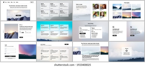 Vector templates for website design, presentations, portfolio, presentation slides, brochure cover, report. Fog, sunrise in morning and sunset in evening. Nature landscape backgrounds with mountains.