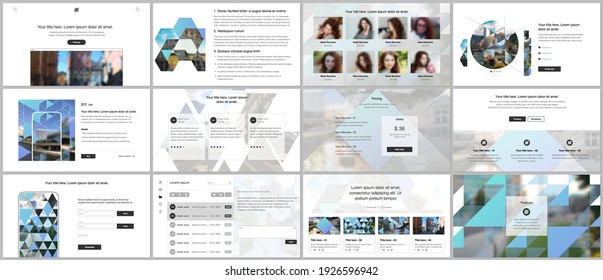 Vector templates for website design, presentations, portfolio. Templates with triangles, triangular pattern for presentation slides, flyer, leaflet, brochure cover. Backgrounds with place for photo.