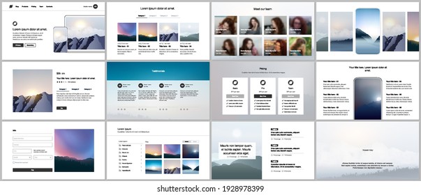 Vector templates for website design, presentations, portfolio, presentation slides, brochure cover, report. Fog, sunrise in morning and sunset in evening. Nature landscape backgrounds with mountains.