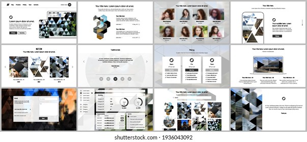 Vector templates for website design, presentations, portfolio. Templates with triangles, triangular pattern for presentation slides, flyer, leaflet, brochure cover. Backgrounds with place for photo.