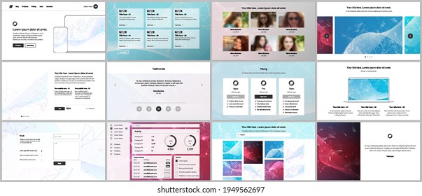 Plantillas vectoriales para diseño de sitios web, presentaciones, portafolio. Plantillas para diapositivas de presentación, volante, folleto, portada de folleto, informe. Fondo de la ciencia poligonal con puntos y líneas de conexión.