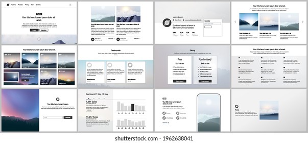 Plantillas de vectores para diseño de sitios web, presentaciones, portafolio, diapositivas de presentación, portada de folletos, informe. Niebla, amanecer por la mañana y puesta de sol por la noche. Paisajes naturales con montañas.