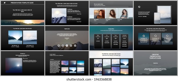 Vector templates for website design, presentations, portfolio, presentation slides, brochure cover, report. Fog, sunrise in morning and sunset in evening. Nature landscape backgrounds with mountains.