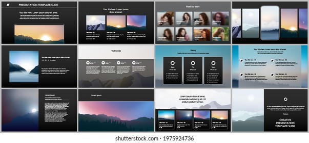 Vector templates for website design, presentations, portfolio, presentation slides, brochure cover, report. Fog, sunrise in morning and sunset in evening. Nature landscape backgrounds with mountains.