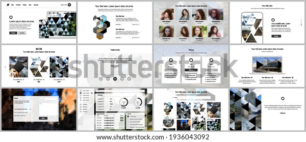 Vector templates for website design,\
presentations, portfolio. Templates with triangles, triangular\
pattern for presentation slides, flyer, leaflet, brochure cover.\
Backgrounds with place for\
photo.