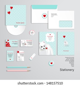 Vector templates. White Spitz, balloons, hearts, roses, snowflakes and polka dot pattern. Envelope, cards, business cards, tags, disc with packaging, magnets, pencils, eraser. Dimensions are given.