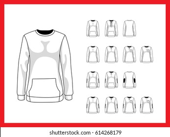 Vector templates womens sweatshirt with without pocket and sleeves with cuffs. Front and back view vector set template