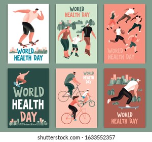 Vector templates for World Health Day. People run, ride bicycles, skateboards, roller skates in the park.