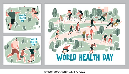 Vector templates for World Health Day. People run, ride bicycles, skateboards, roller skates in the park.
