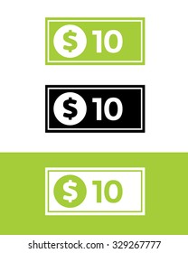 Vector Ten Dollar Bill Set in Color, Black and Reverse