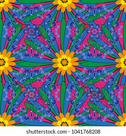 Vector tender background in blue, green and orange colors. Abstract flowers seamless pattern.