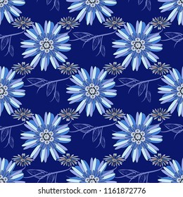 Vector tender background in blue, neutral and black colors. Abstract flowers seamless pattern.