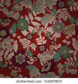 Vector tender background in brown, beige and red colors. Abstract flowers seamless pattern.