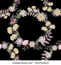 Vector tender background in gray, pink and black colors. Abstract flowers seamless pattern.