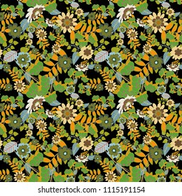 Vector tender background in green, black and yellow colors. Abstract flowers seamless pattern.