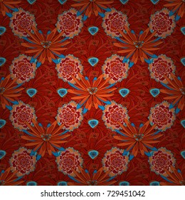 Vector tender background in orange, blue and red colors. Abstract flowers seamless pattern.