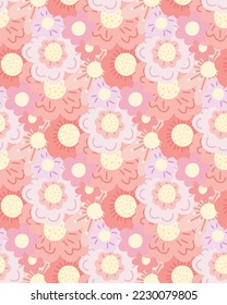 Vector tender cartoon dense ditsy background. Gentle pattern with tight hand drawn flowers. Simple pastel floral texture for wrapping papers, fabrics and wallpapers