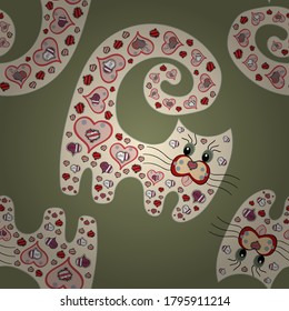 Vector. Tender fabric pattern. Cat neutral, brown and beige on colors. Seamless Abstract Retro Background Design. Pattern.