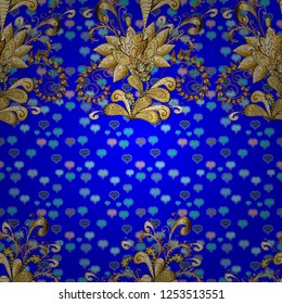 Vector Tender fabric pattern. Vector flower print. Floral blue, neutral and brown seamless pattern. Vintage outline illustration.