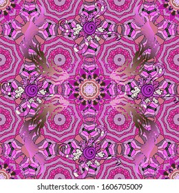 Vector Tender fabric pattern. Vintage outline illustration. Vector flower print. Floral pink, magenta and neutral seamless pattern.