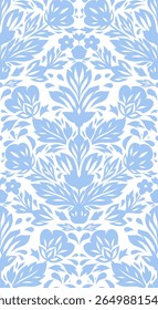 Vector tender monochrome decorative pattern with blue flower arrangement. Seamless texture with tracery stylized flowers in folk art style for wallpaper, fabric and wrapping