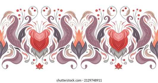 Vector tender seamless border with vintage floral ornament. Baroque frame with flowers and foliage isolated on white background. Luxury gentle damask frieze in flat hand drawn style