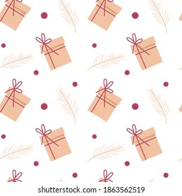 Vector tender seamless pattern with christmas gifts boxes and fir branch in Scandinavian style for fabrics, paper, textile, gift wrap isolated on white background