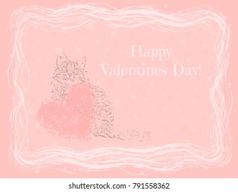 Vector tender vintage card for valentines day with cute cat with heart.