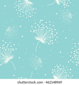 Vector of tender white pollen decoration into seamless pattern on blue cyan background colors.