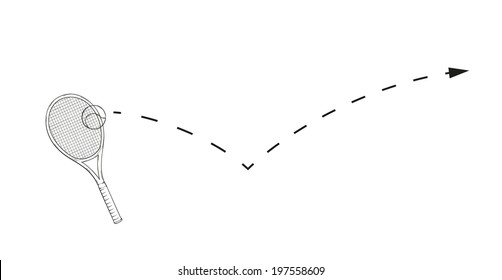 vector, tenis racket and ball with arrow, sketch